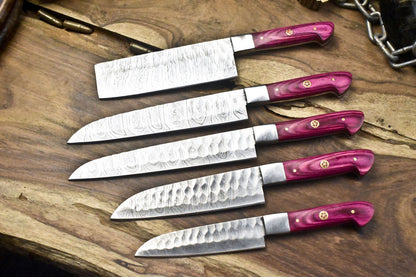 Handcrafted Twist Damascus Steel Knives | 5-Piece Walnut Wood Chef Set