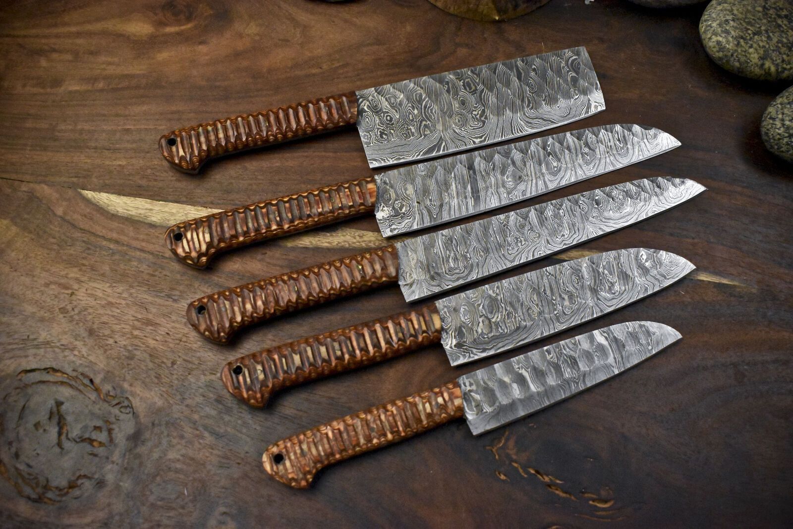 Lot Of 5 Twist Damascus Chef Knives  Handmade Walnut Wood  Brass Bolster 1