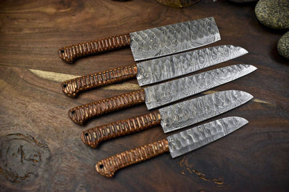 Lot Of 5 Twist Damascus Chef Knives  Handmade Walnut Wood  Brass Bolster 1