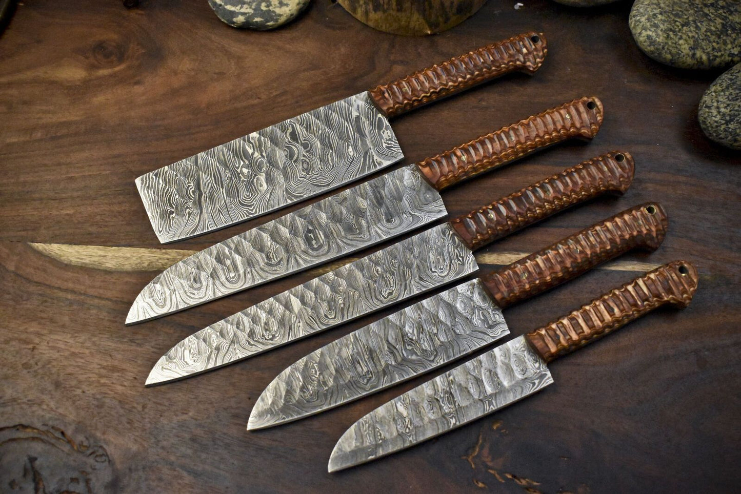 Lot of 5 Twist Damascus Chef Knives | Handmade Walnut Wood & Brass Bolster