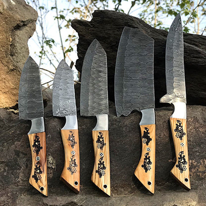 Professional Kitchen Damascus Chef Knives  5 Forged Twist Pattern Blades 3