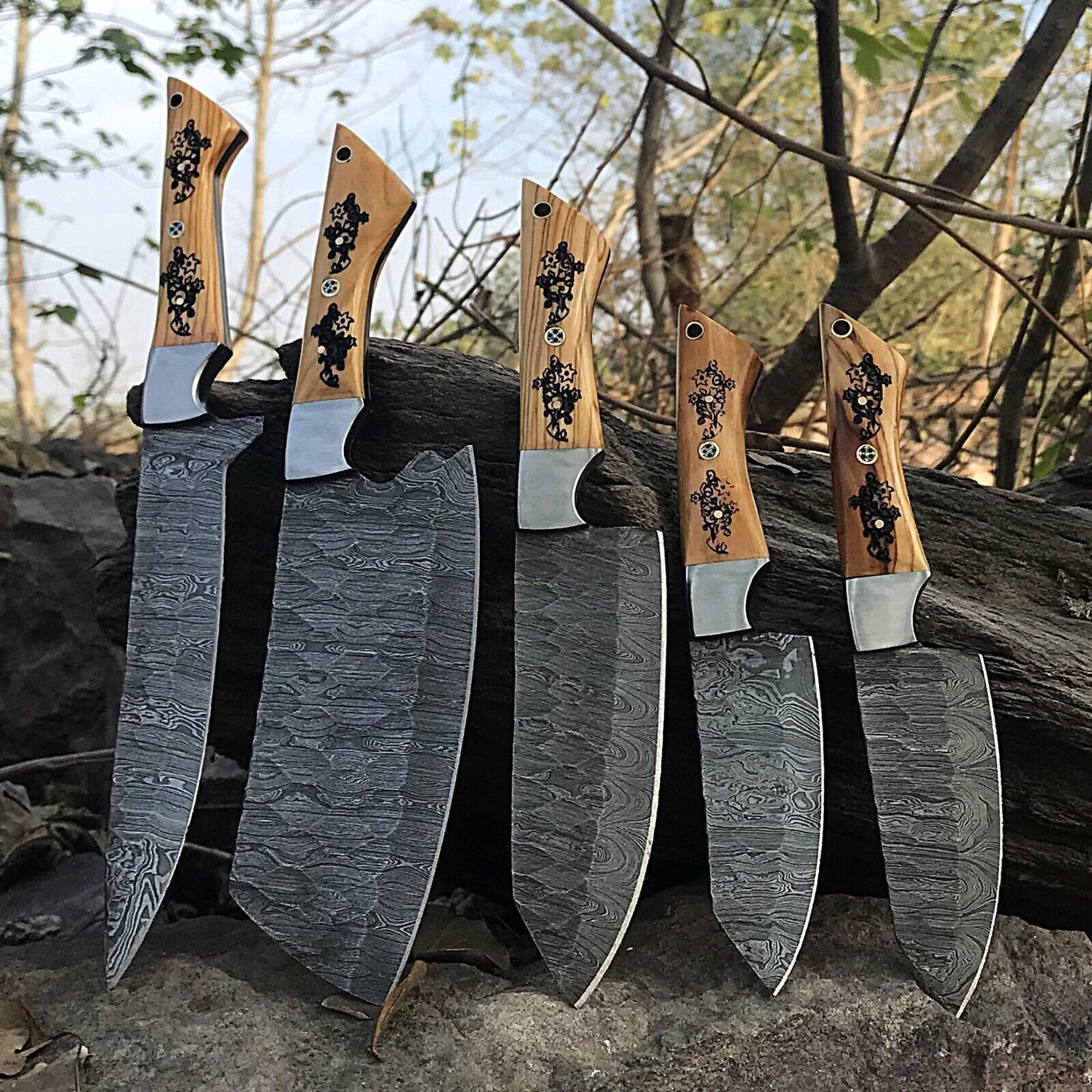 Professional Kitchen Damascus Chef Knives  5 Forged Twist Pattern Blades 4