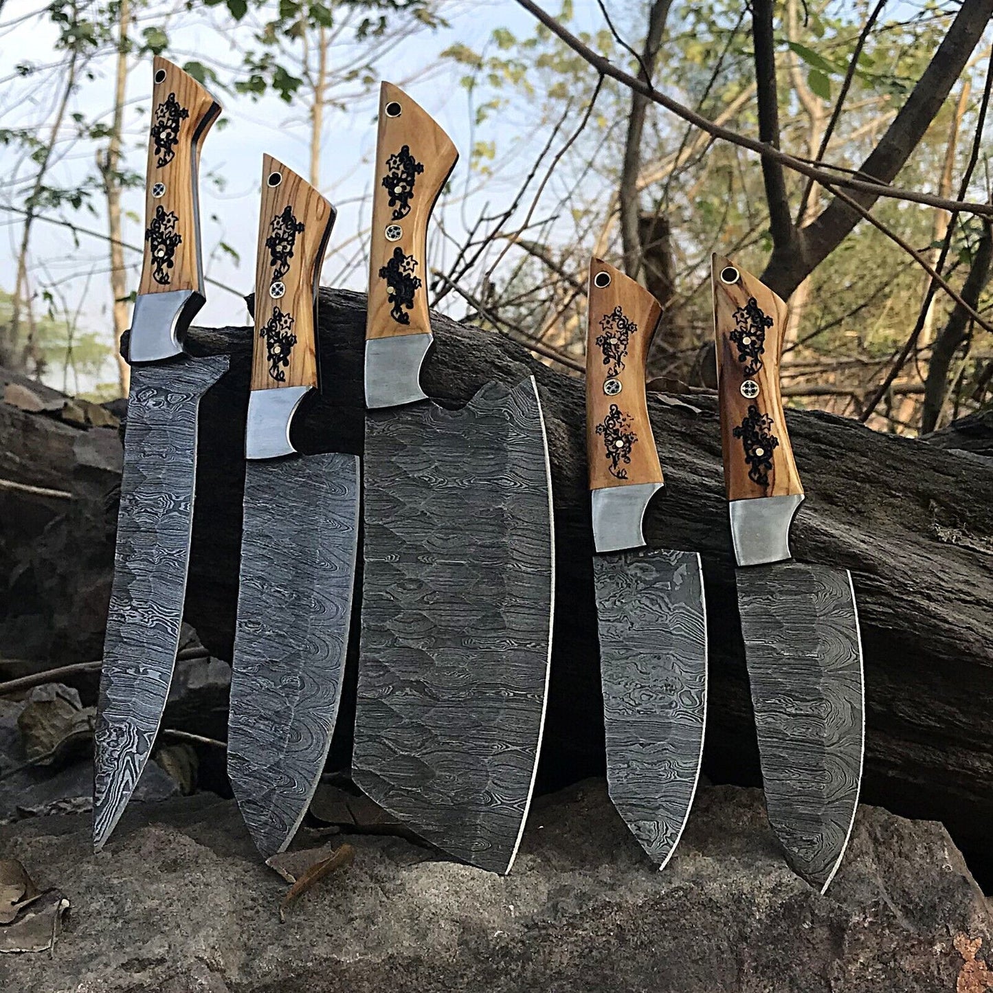 Professional Kitchen Damascus Chef Knives  5 Forged Twist Pattern Blades 5