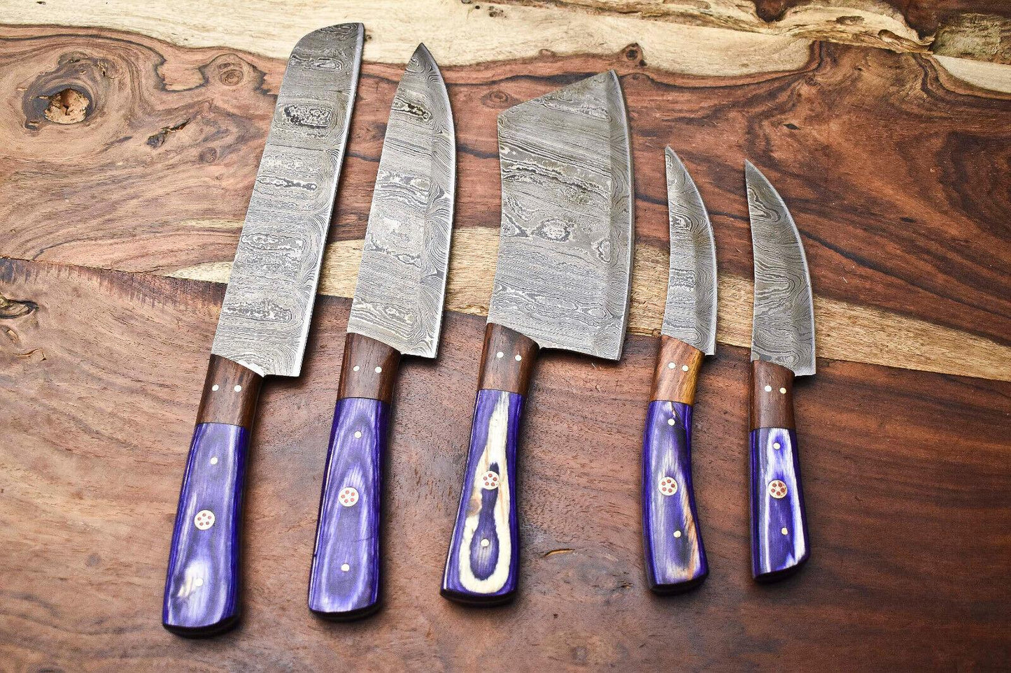 Traditional Damascus Chef Knives  Walnut Handle Set Of 5 Collector 1