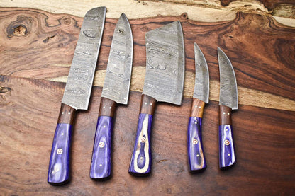 Traditional Damascus Chef Knives  Walnut Handle Set Of 5 Collector 1