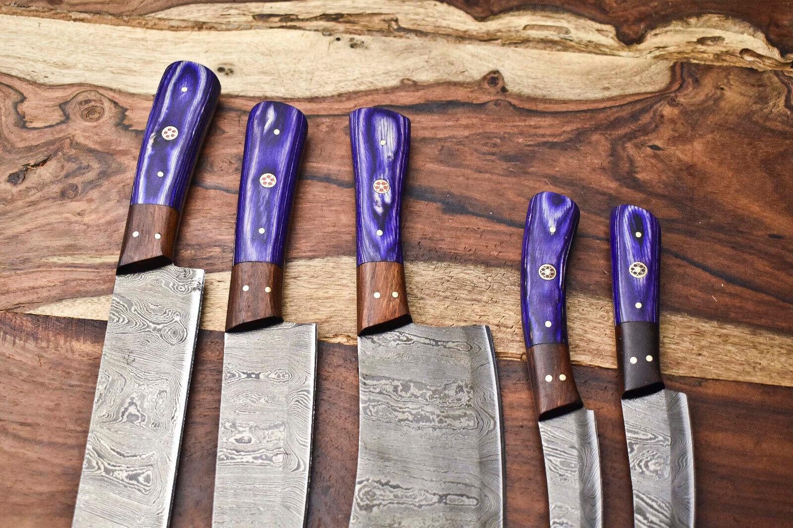 Traditional Damascus Chef Knives  Walnut Handle Set Of 5 Collector 2