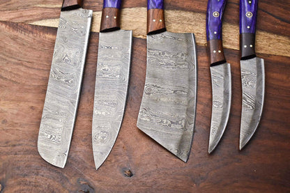 Traditional Damascus Chef Knives  Walnut Handle Set Of 5 Collector 3
