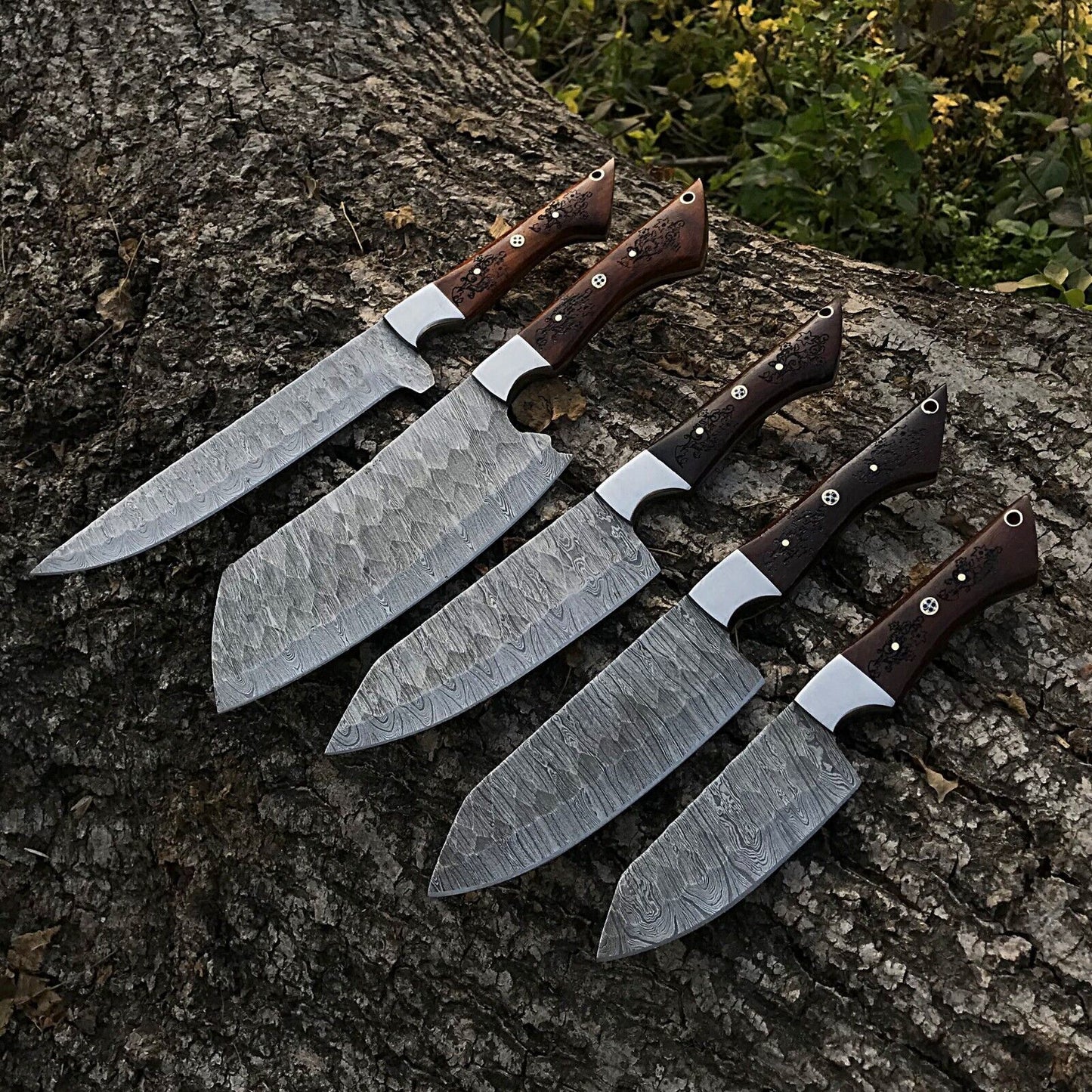 5pcs Handmade Damascus Steel Chef Knife Set | Forged Kitchen Knives | Custom Full Tang Culinary Tools