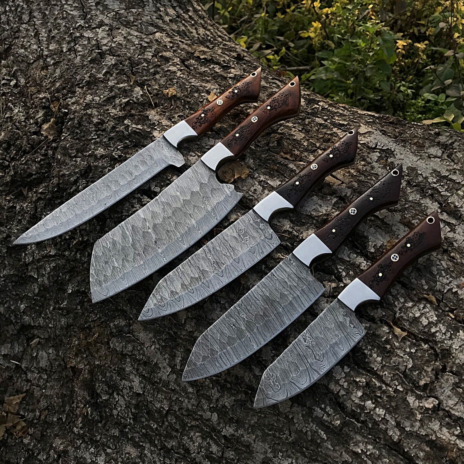5pcs Handmade Damascus Steel Chef Knife Set | Forged Kitchen Knives | Custom Full Tang Culinary Tools