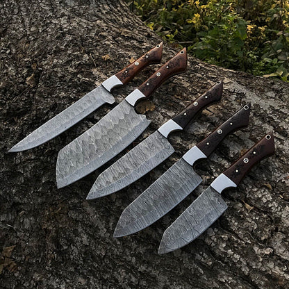 5pcs Handmade Damascus Steel Chef Knife Set | Forged Kitchen Knives | Custom Full Tang Culinary Tools