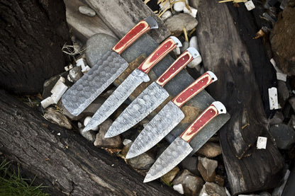 5pcs Damascus Steel Forged Kitchen Knife Set | Custom Handmade Chef Knives
