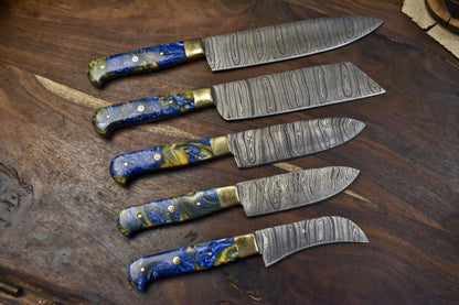 5pcs Professional Damascus Steel Kitchen Knife Set  Custom Handmade Cutlery 1