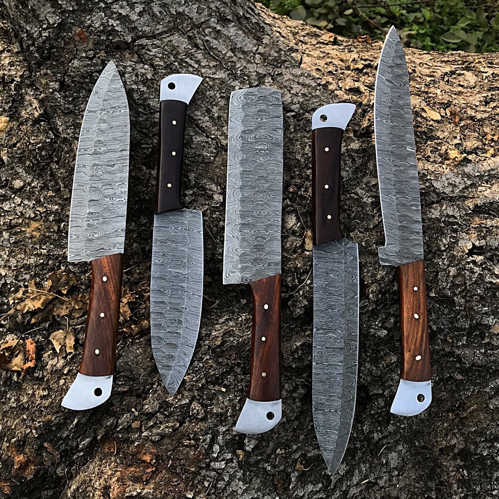 Authentic Damascus Steel Chef Knife Set Of 5  Handmade Full Tang Blades 1