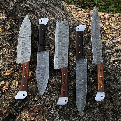 Authentic Damascus Steel Chef Knife Set Of 5  Handmade Full Tang Blades 1
