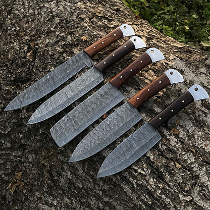 Authentic Damascus Steel Chef Knife Set of 5 | Handmade Full Tang Blades