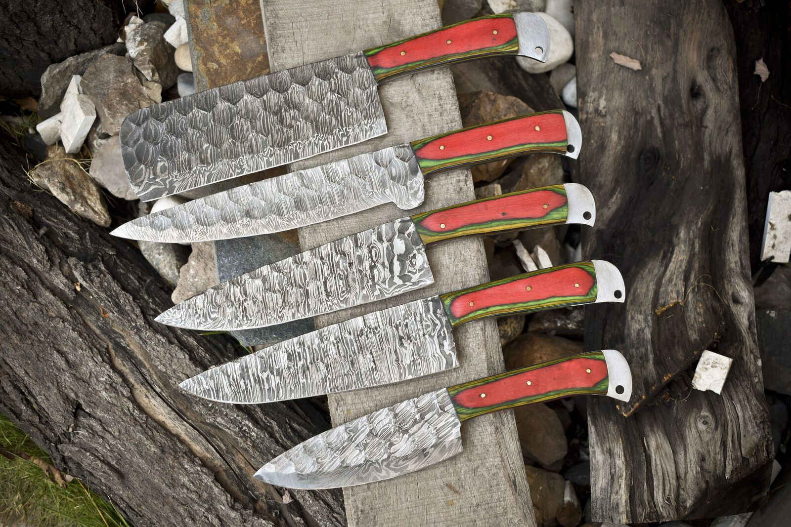 Custom 5 Piece Damascus Steel Chef Knife Set | Forged Kitchen Cutlery Collection