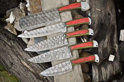 Custom 5 Piece Damascus Steel Chef Knife Set | Forged Kitchen Cutlery Collection