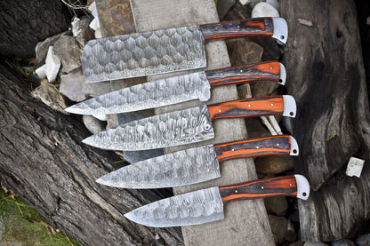 5pcs Forged Damascus Steel Chef Knife Set | Handmade Full Tang Kitchen Knives