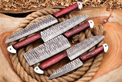 Forged 5 Piece Damascus Chef Knife Set  Full Tang Handmade Kitchen Blades 1