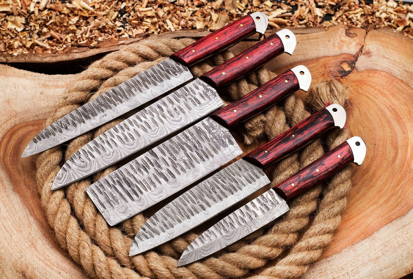 Forged 5 Piece Damascus Chef Knife Set  Full Tang Handmade Kitchen Blades 3