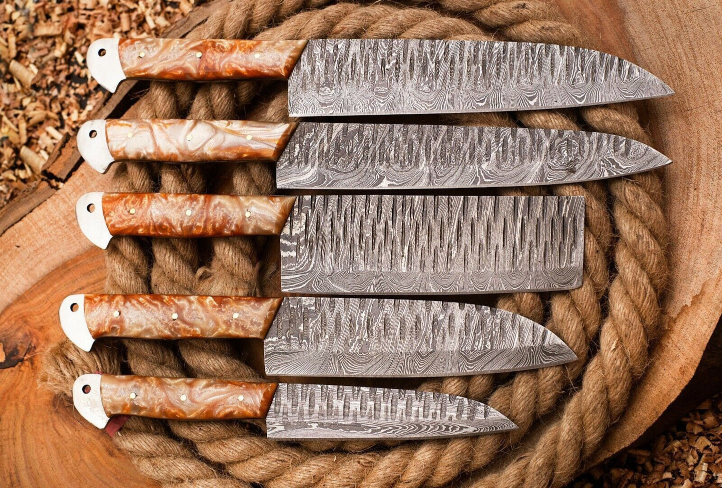Custom Handmade 5pcs Damascus Chef Knife Set  Full Tang Kitchen Essentials 1