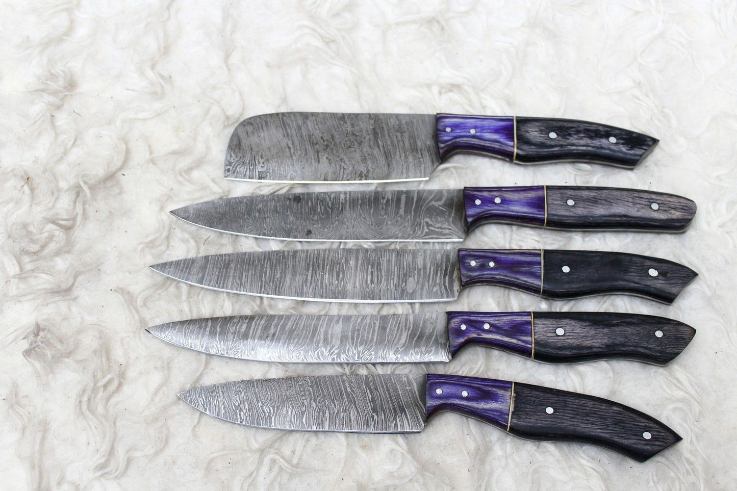 5pcs Damascus Steel Chef Knife Collection | Handmade Forged Kitchen Set
