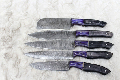 5pcs Damascus Steel Chef Knife Collection | Handmade Forged Kitchen Set