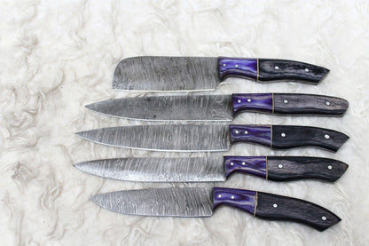 5pcs Damascus Steel Chef Knife Collection  Handmade Forged Kitchen Set 1