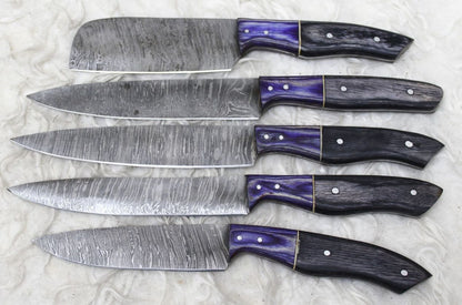 5pcs Damascus Steel Chef Knife Collection  Handmade Forged Kitchen Set 3
