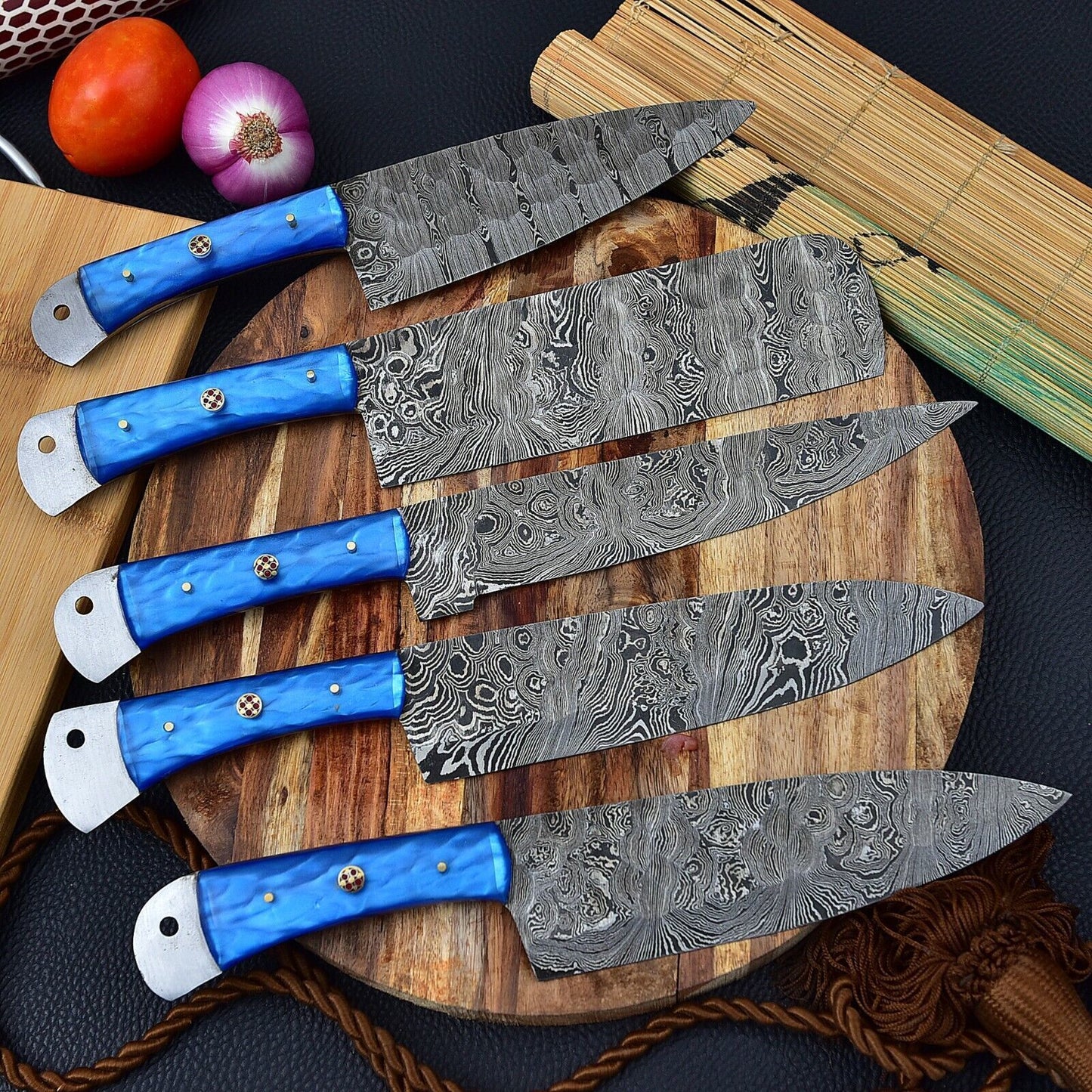 Authentic Hand Forged Damascus Steel Chef Knife Set  5pcs Kitchen Tools 3