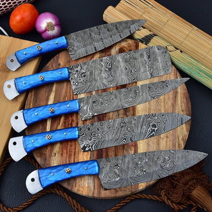 Authentic Hand Forged Damascus Steel Chef Knife Set  5pcs Kitchen Tools 3