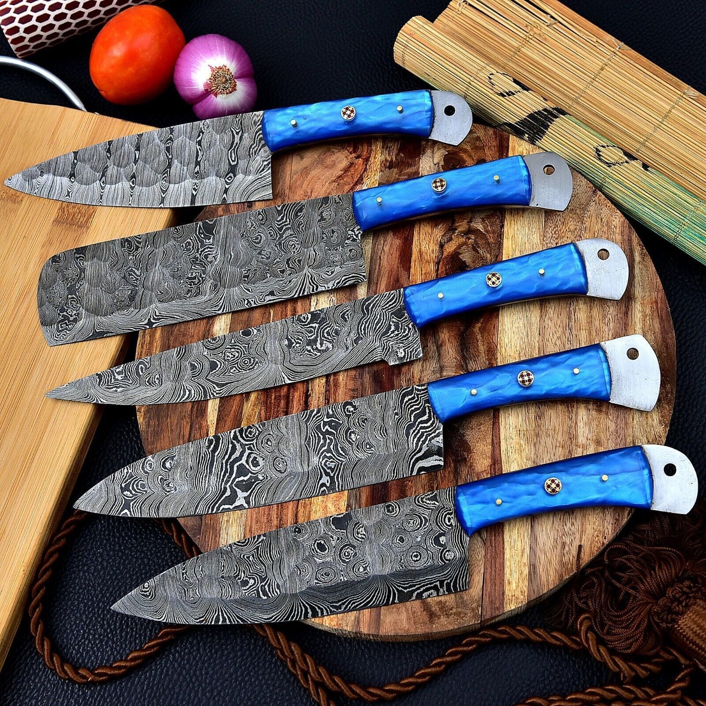 Authentic Hand Forged Damascus Steel Chef Knife Set | 5pcs Kitchen Tools