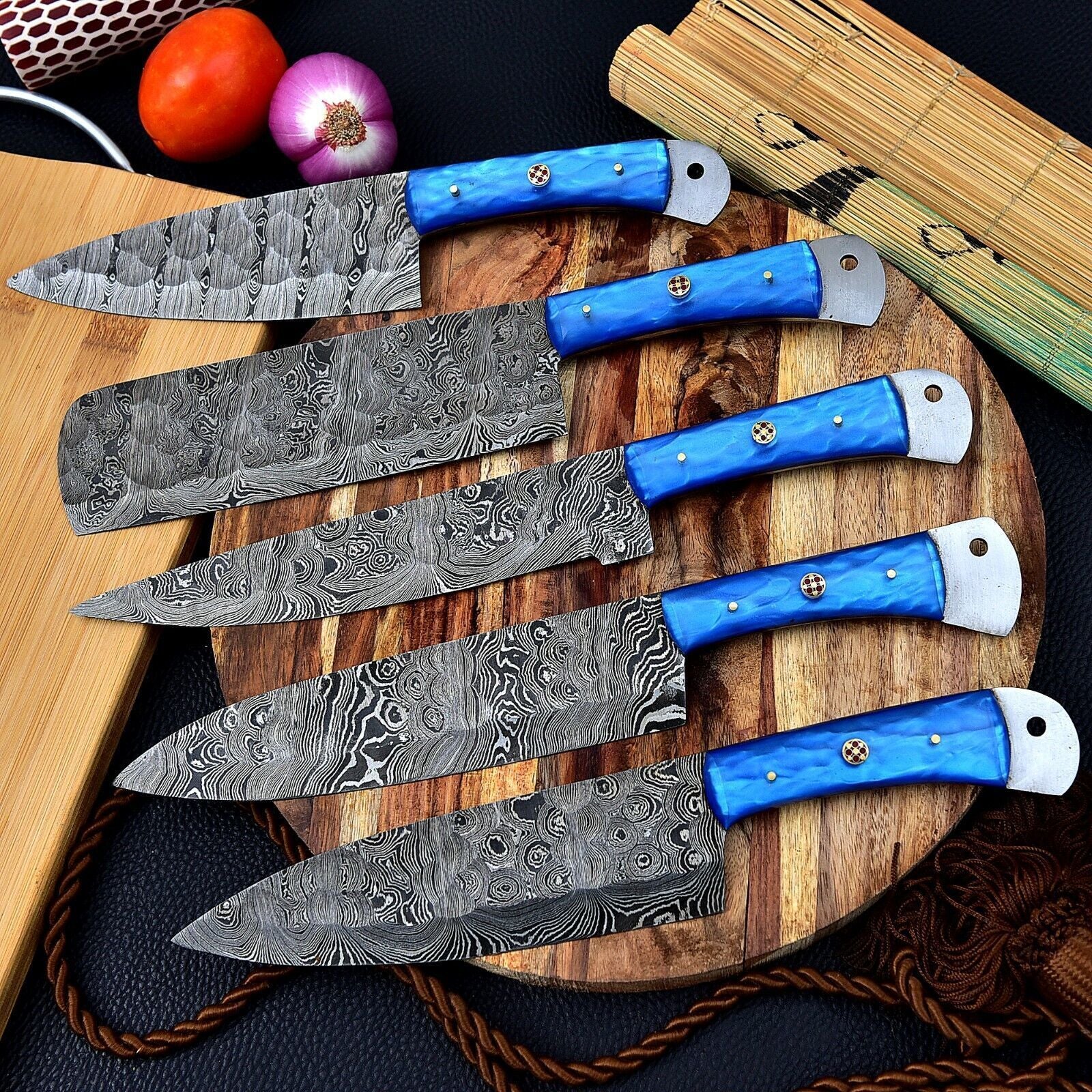Authentic Hand Forged Damascus Steel Chef Knife Set | 5pcs Kitchen Tools