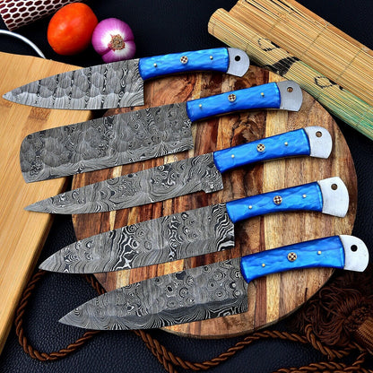Authentic Hand Forged Damascus Steel Chef Knife Set | 5pcs Kitchen Tools