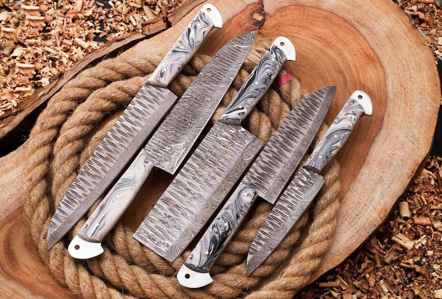 Custom Damascus Steel Chef Knife Set | Hand Forged 5pcs Full Tang Knives