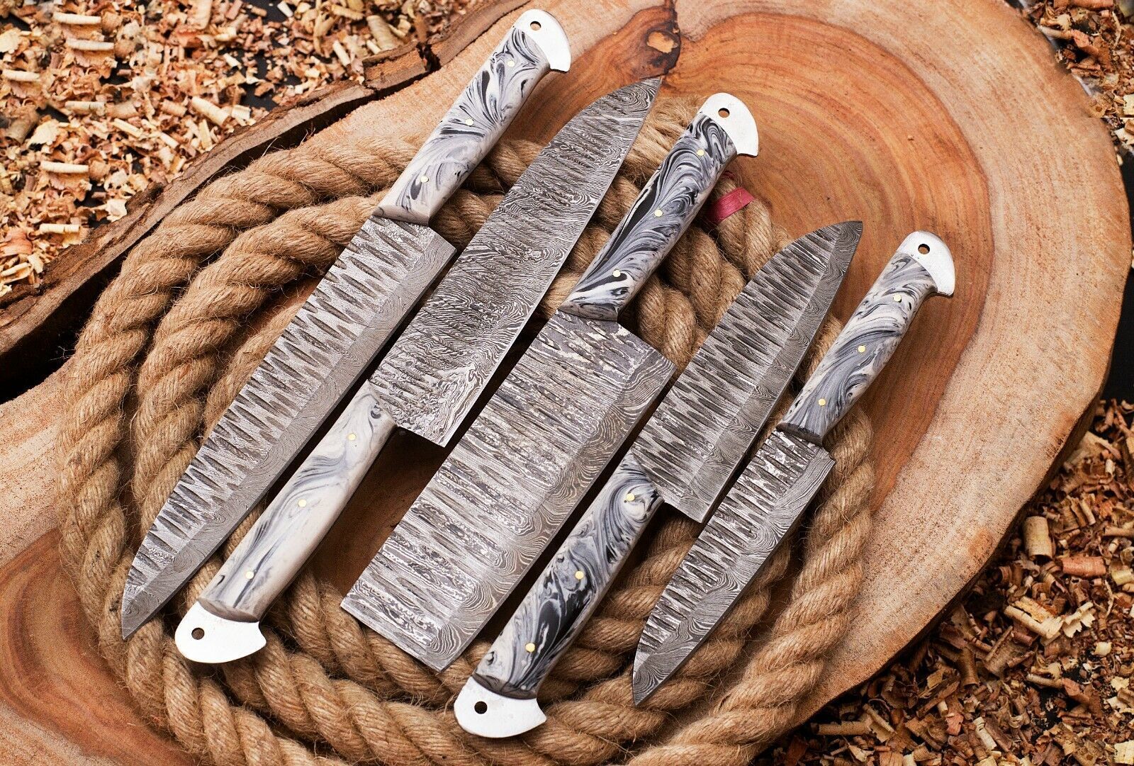 Custom Damascus Steel Chef Knife Set | Hand Forged 5pcs Full Tang Knives