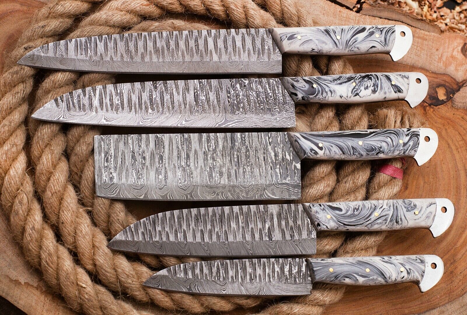 Custom Damascus Steel Chef Knife Set  Hand Forged 5pcs Full Tang Knives 1