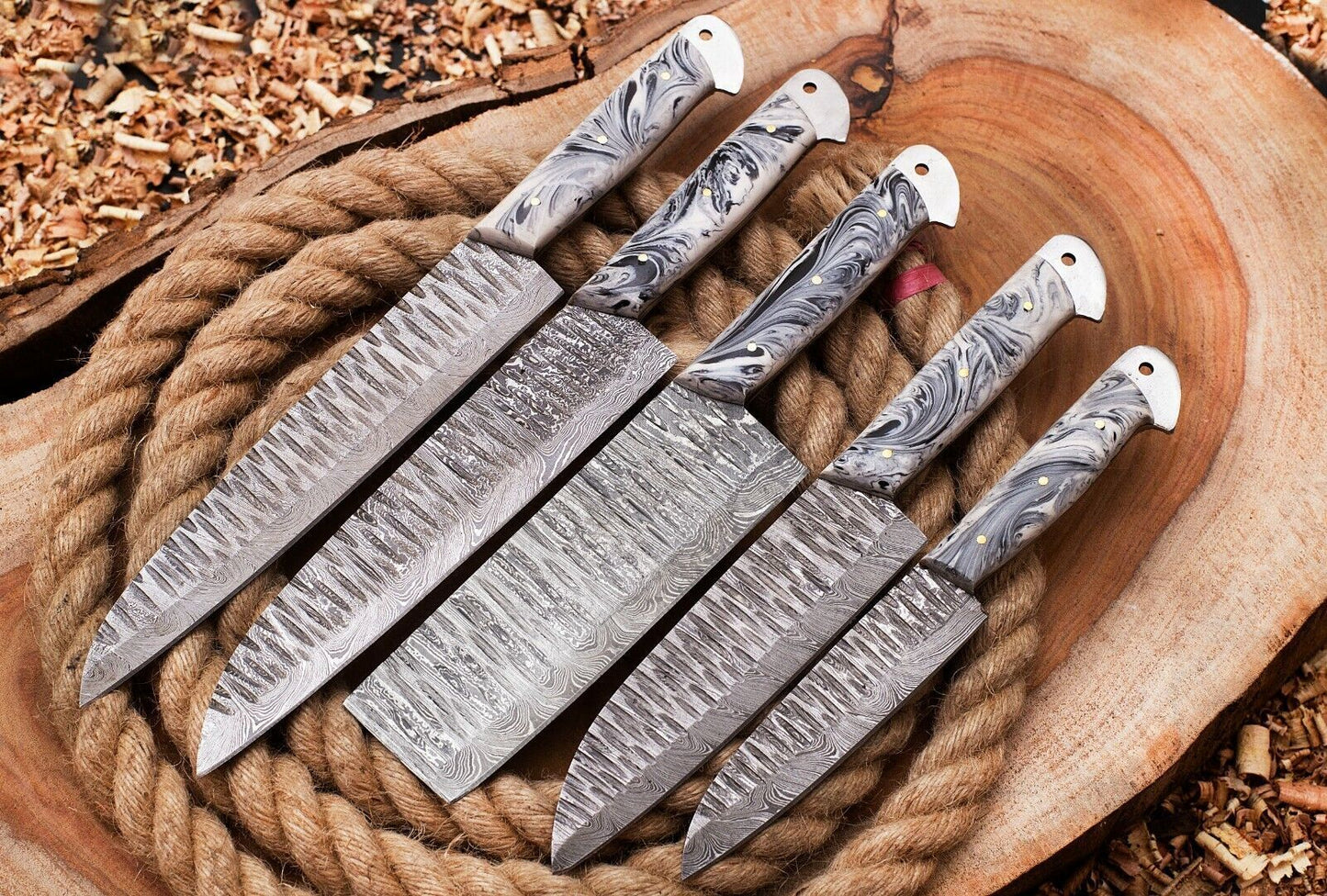 Custom Damascus Steel Chef Knife Set  Hand Forged 5pcs Full Tang Knives 2
