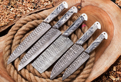 Custom Damascus Steel Chef Knife Set  Hand Forged 5pcs Full Tang Knives 2