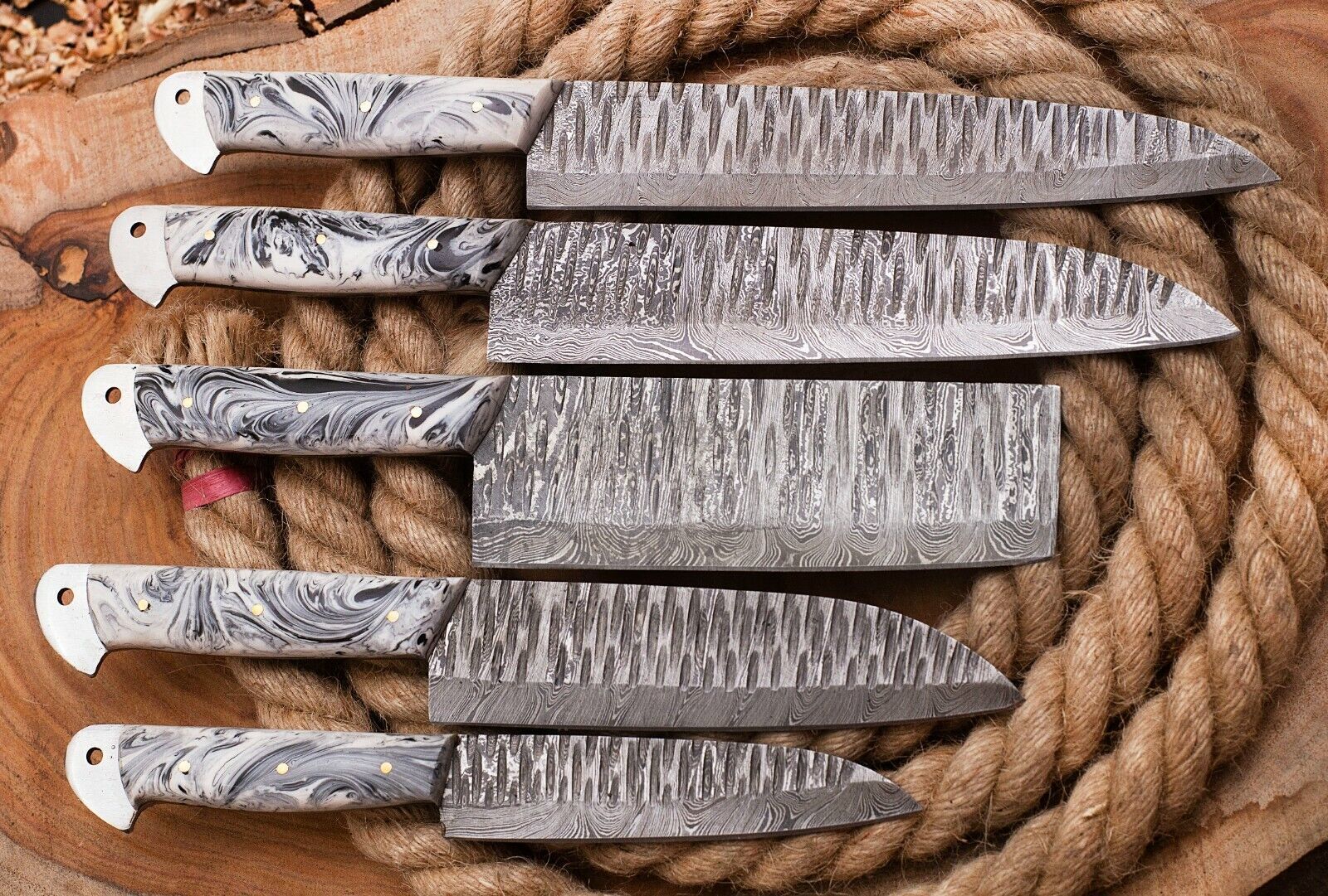 Custom Damascus Steel Chef Knife Set  Hand Forged 5pcs Full Tang Knives 3