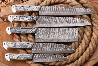 Custom Damascus Steel Chef Knife Set  Hand Forged 5pcs Full Tang Knives 3