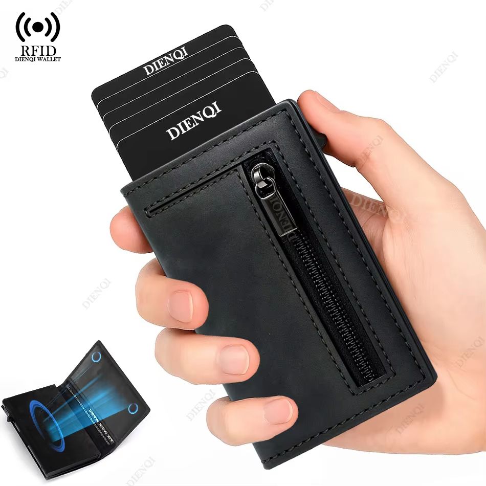 Magnetic Leather RFID Blocking Wallet – Luxury Men's Minimalist Credit Card Holder with Pop-Up Design