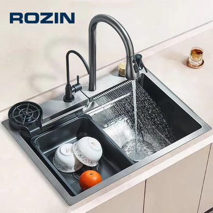 Premium 304 Stainless Steel Kitchen Sink – Single Slot 23.62 x 17.72 in, Rainfall Design with 4 Functions & Soap Dispens