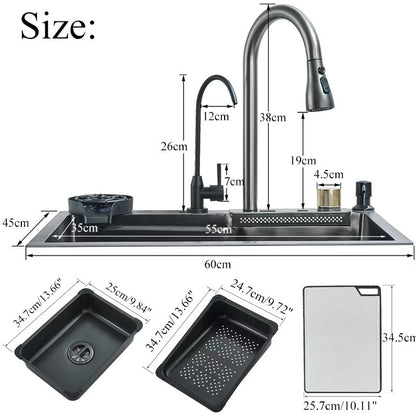 Luxury 304 Stainless Steel Kitchen Sink With Faucet  Single Slot 60x45cm Rainfall Design With 4 Fun 1
