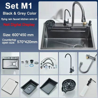 Luxury 304 Stainless Steel Kitchen Sink With Faucet  Single Slot 60x45cm Rainfall Design With 4 Fun 7