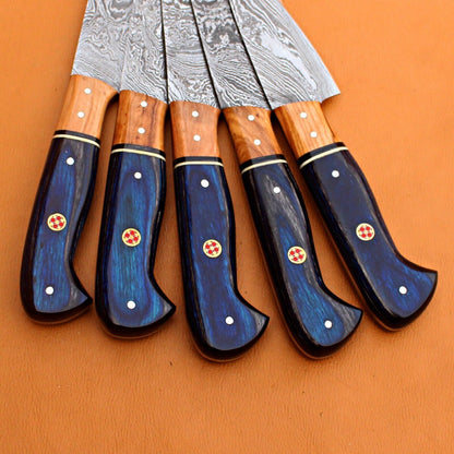 Forged Damascus Steel Chef Knife Set  Custom Handmade 5pcs Kitchen Cutlery 1