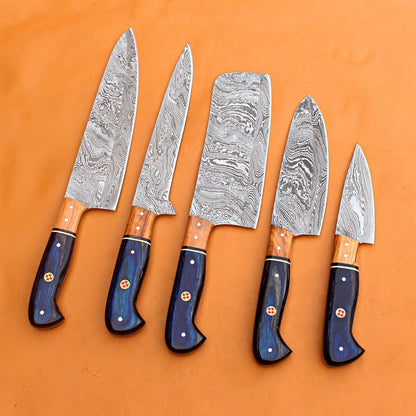 Forged Damascus Steel Chef Knife Set  Custom Handmade 5pcs Kitchen Cutlery 2