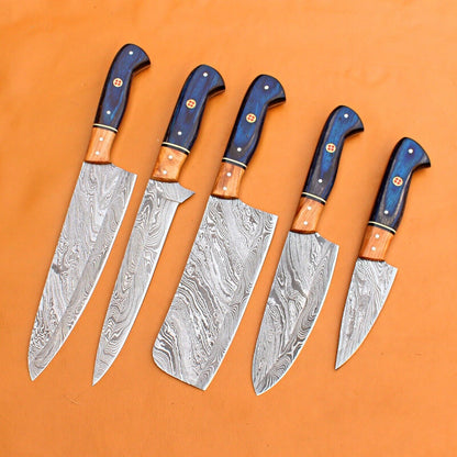 Forged Damascus Steel Chef Knife Set | Custom Handmade 5pcs Kitchen Cutlery