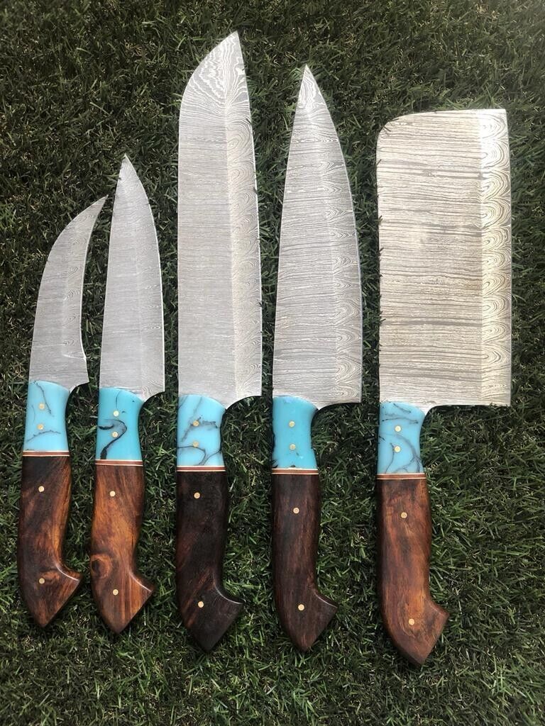 Custom Damascus Steel Chef Knife Bundle | Handmade Forged 5pcs Kitchen Set