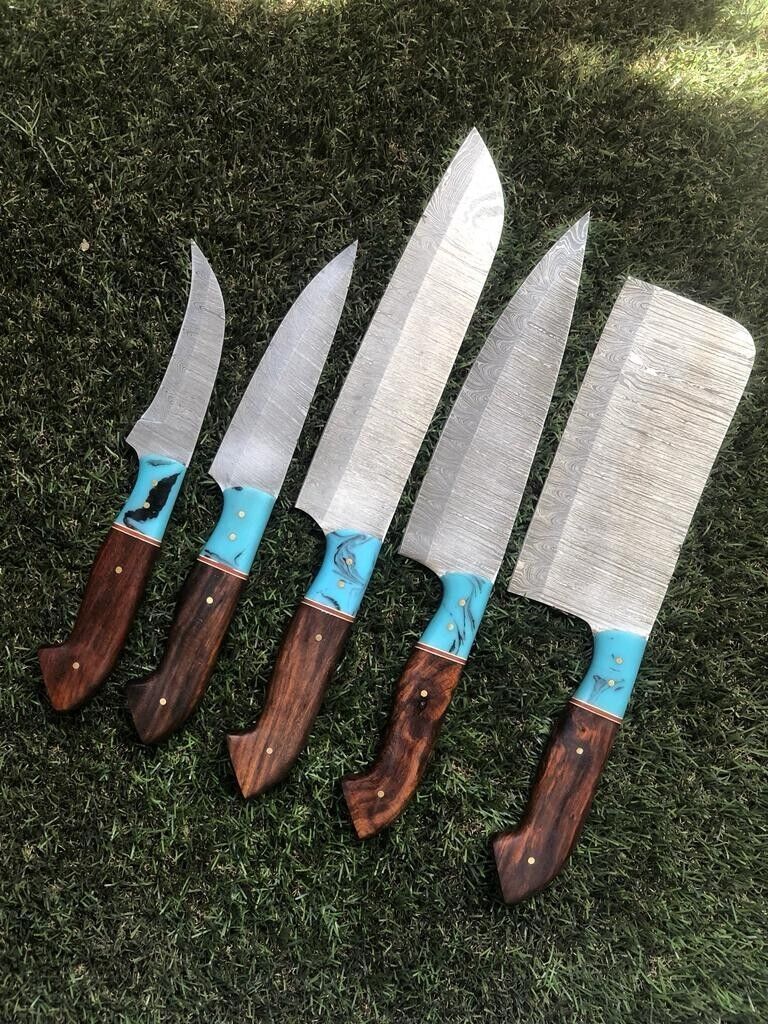 Custom Damascus Steel Chef Knife Bundle  Handmade Forged 5pcs Kitchen Set 1